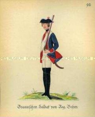 Uniformdarstellung, Infanterist, Fürstentum Braunschweig-Wolfenbüttel, 1760/1761. Kopie der Originaltafel 92 aus Becher: Wahrhaftige Nachrichten.