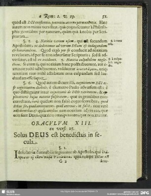 Oraculum XIII. ex. vers. 25. Solus Deus est benedictus in secula