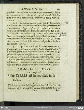 Oraculum XIII. ex. vers. 25. Solus Deus est benedictus in secula