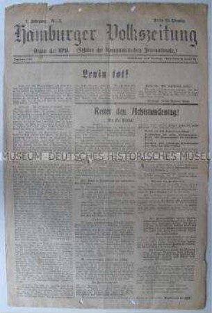 Titelblatt der kommunistischen Tageszeitung "Hamburger Volkszeitung" zum Tod von Lenin