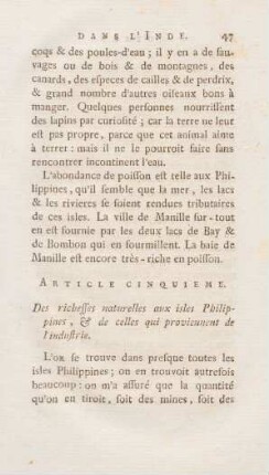 Article cinquieme. Des richesses naturelles aux isles Philippines, ...