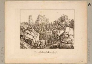 Der Prebischkegel und das Prebischtor (Pravčická brána) bei Herrnskretschen (heute Hřensko, Tschechien) in der Böhmischen Schweiz, aus Andenken an die Sächsische Schweiz von C. A. Richter 1820