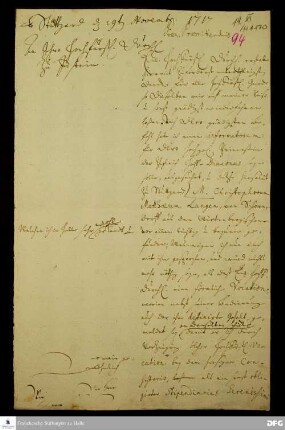 Brief von August Hermann Francke an Georg August Samuel v. Nassau-Idstein.