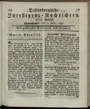VIII. Stück. Sonnabends: den 19. Febr., 1791.
