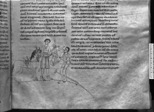 Stuttgarter Passionale — Ergänzungsband — Textseite mit zwei Miniaturen, Folio 107recto — Der heilige Martin zerteilt seinen Mantel, Folio 107recto