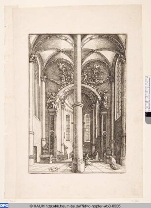 Inneres einer Kirche mit der Parabel vom Gebet des Pharisäers und des Zöllners