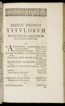 Index Primus Titulorum Secundum Ordinem Alphabeticum.