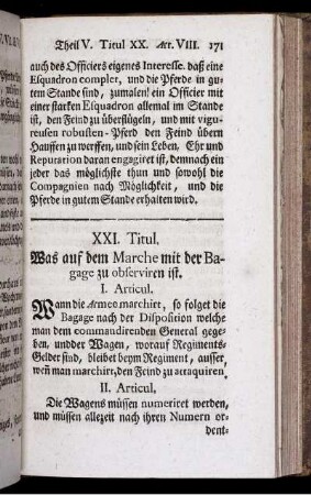 XXI. Titul. was auf dem Marche mit der Bagage zu observiren ist.