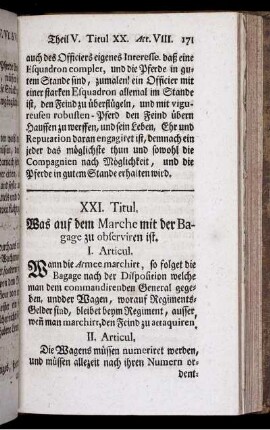 XXI. Titul. was auf dem Marche mit der Bagage zu observiren ist.