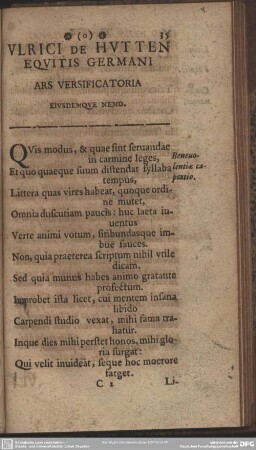 Ulrici De Hutten Equitis Germani Ars Versificatoria Eiusdemque Nemo