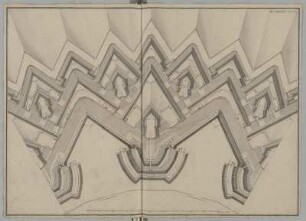 Festungsbau, idealtypischer Entwurf, Bastionärbefestigung, Teilgrundriss : Festungsbau, idealtypischer Entwurf, Bastionärbefestigung mit Réduit und Ravelins, Teilgrundriss, Jean de Bodt, 1701/1745. Feder, Graphit, Pinsel in Wasserfarbe/Papier. 53 x 75 cm. Bez.: "Planche. XXX." Maßstab mit Maßeinheit "verges du Rhin" (100 Rheinische Ruten= 33,7 cm). Vgl. SLUB/HS Mscr.Dresd.i.10,Bl.31.