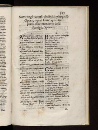Nomi de gli Autori, che si citano in quest: Opera, i quali fanno quasi tutti particolare menzione della Famiglia Spinola.