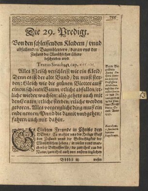 Die 29. Predigt. Von den schleissenden Kleidern/ unnd abfallenden Baumblettern ...