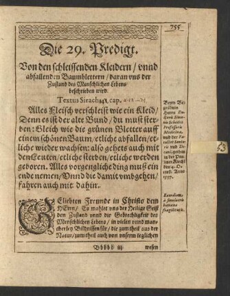 Die 29. Predigt. Von den schleissenden Kleidern/ unnd abfallenden Baumblettern ...