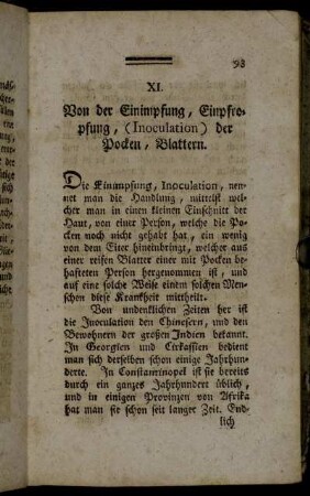 XI. Von der Einimpfung, Einpfropfung, (Inoculation) der Pocken, Blattern