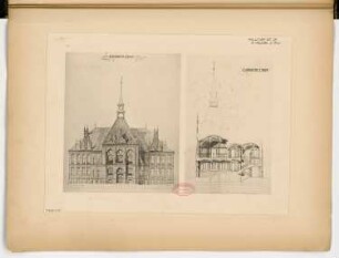 Rathaus, Nauen Monatskonkurrenz August 1885: Aufriss Vorderansicht, Querschnitt; 2 Maßstabsleisten