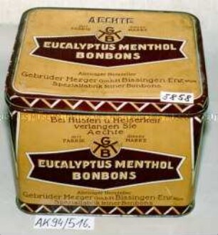 Blechdose für "AECHTE EUCALYPTUS MENTHOL BONBONS Gebrüder Mezger G.m.b.H Bissingen-Enz Württ."