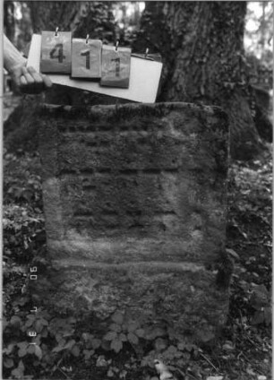 Grabstein 411 (Index: 99791267) Zustand: verwittert Maße HxBxT: 65x50x17 cm: Grabstein 411