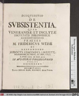 Disqvisitio De Svbsistentia, Qvam Venerandæ Et Inclytæ Facvltatis Philosophicæ Consensc Benigno