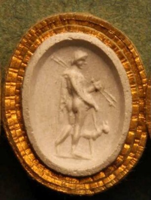 Schreitender Meleager mit geschulterten Wurfspießen, einen Hund führend (Daktyliothek, Zweites Historisches Tausend)