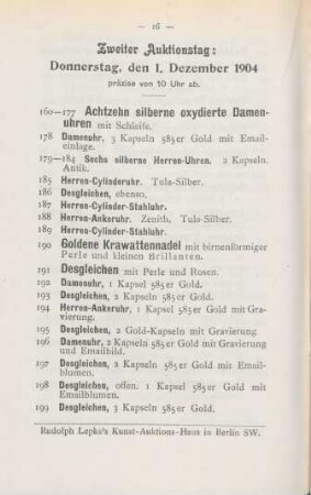 Zweiter Auktionstag: Donnerstag, den 1. Dezember 1904 präzise von 10 Uhr ab
