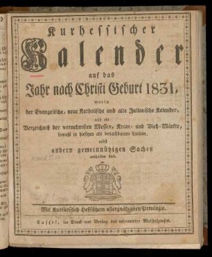 Kurhessischer Kalender 1831