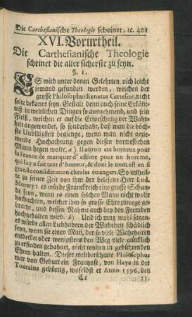 XVI. Vorurtheil. Carthesianische Theologie scheinet die aller sicherste zu seyn.