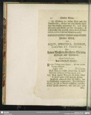 Fünfter Absatz. De Aquis, Spiritibus, Elixiriis, Essentiis Et Tincturis. Von denen Wassern, Geistern, Elixiren, Essenzen und Tincturen