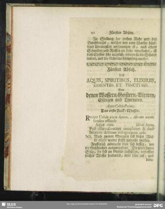 Fünfter Absatz. De Aquis, Spiritibus, Elixiriis, Essentiis Et Tincturis. Von denen Wassern, Geistern, Elixiren, Essenzen und Tincturen