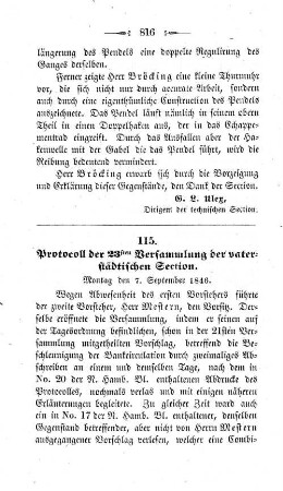 115. Protocoll der 23sten Versammlung der vaterstädtischen Section. : Montag den 7. September 1846.