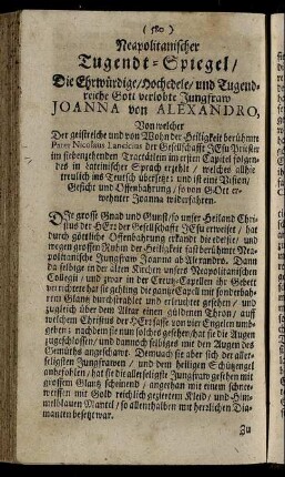 Neapolitanischer Tugendt-Spiegel, Die Ehrwürdige, Hochedele, und Tugendreiche Gott verlobte Jungfraw Joanna von Alexandro [...]