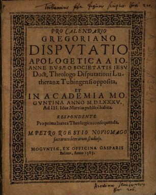 Pro Calendario Gregoriano Dispvtatio [Disputatio] Apologetica