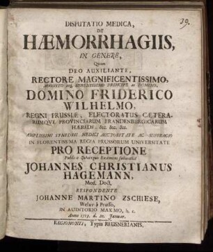 Disputatio Medica, De Haemorrhagiis, In Genere
