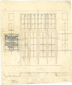 Pfann, Paul; München - Theresienhöhe; Ausstellung München 1908 - Basar, Bayerischer Kunstgewerbeverein, Eingangstür (Grundriss, Ansicht)