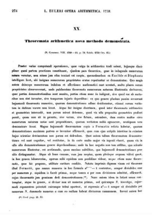 XX. Theoremata arithmetica nova methodo demonstrata.
