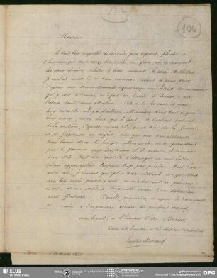 Eigenh. Brief von Eugène Burnouf an August Wilhelm von Schlegel, Paris, 13.03.1827
