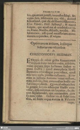 Optimarium artium, in iisque historiarum culturibus S. D. Christophorus Heidman