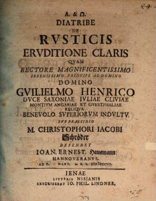 Diatribe Parergica De Rvsticis Ervditione Claris
