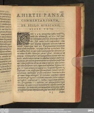 A. Hirtii Pansae Commentariorum, De Bello Africano, Liber Unus.