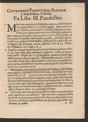 Controversiae Pandectarum Praecipuae a Respondente Collectae. Ex Libr. III. Pandectar.