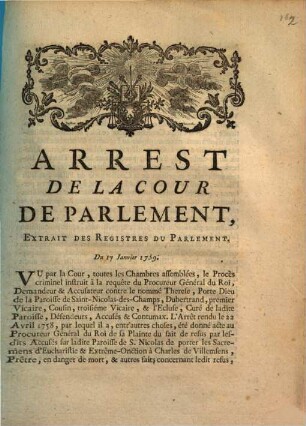 Arrest De La Cour De Parlement : Extrait Des Registres Du Parlement. Du 17 Janvier 1759.