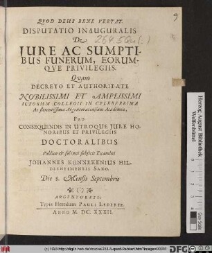 Disputatio Inauguralis De Iure Ac Sumptibus Funerum, Eorumque Privilegiis