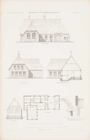 Dorfschule, Thienbüttel: Grundriss, Vorderansicht, Seitenansicht, Schnitt AB, Schnitt CD, Details (aus: Atlas zur Zeitschrift für Bauwesen, hrsg. v. G. Erbkam, Jg. 12, 1862)