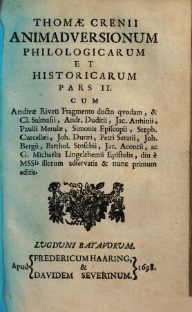 Thomae Crenii Animadversiones Philologicae Et Historicae, 2