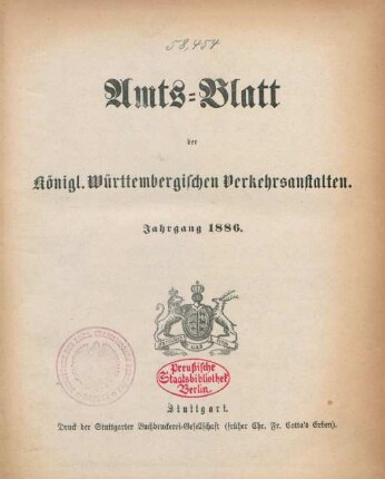 1886: Amtsblatt der Württembergischen Verkehrsanstalten