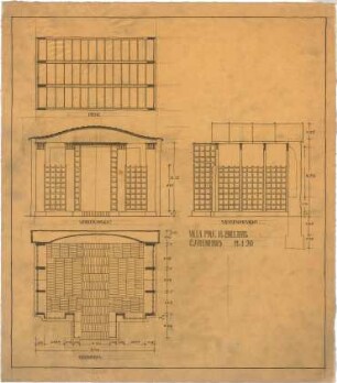 Billing, Hermann; Karlsruhe, Moltkestr.47 / Beethovenstr.; Villa Billing - Gartenhaus, Grundriss; Vorderfassade, Seitenfassade (Ansichten); Decke (Aufsicht)