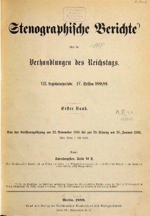 Verhandlungen des Reichstages. Stenographische Berichte. 105. 1888/89