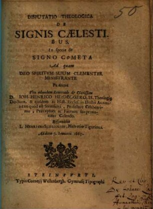Disputatio Theologica De Signis Caelestibus, In specie de Signo Cometa