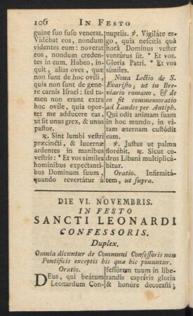 Die VI. Novembris. In Festo Sancti Leonardi Confessoris. Duplex