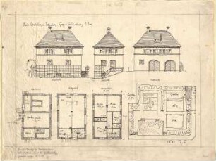 Fischer, Theodor; Nürnberg; Haus Adelsberger - Lageplan; Grundriss Keller, Grundriss EG, Grundriss OG; Ost, - Süd u. Westseite (Ansichten); Schnitt